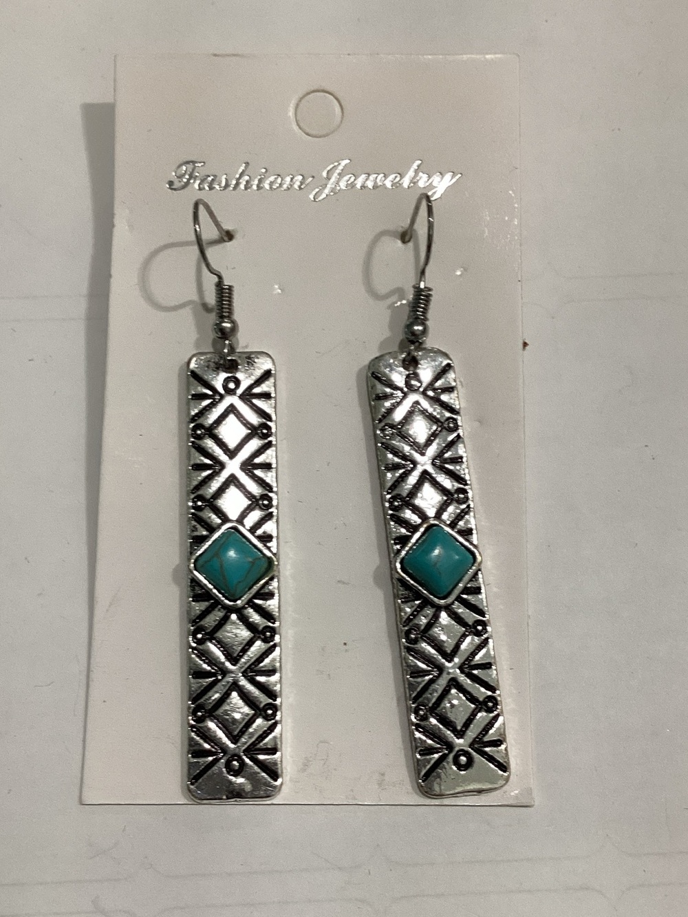 Fashion Jewelry Silver-Tone Drop Earrings with Turquoise Accent